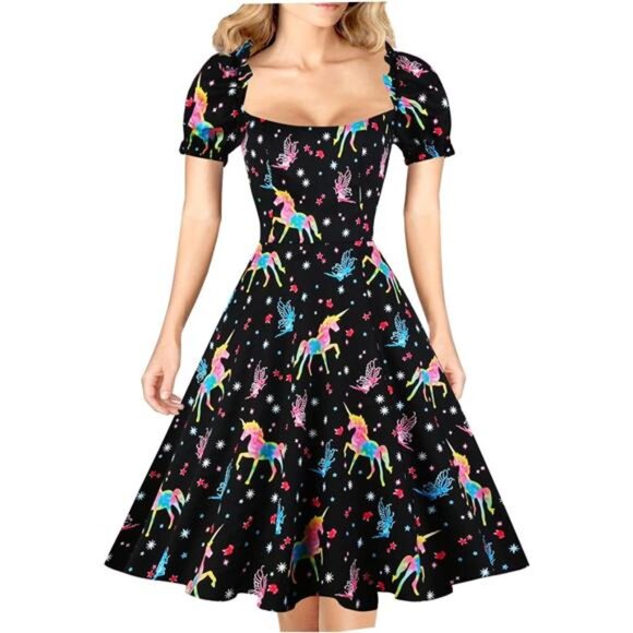 Dresses & Skirts - Women's Puff Short Sleeve 1950s Party Dresses Unicorn